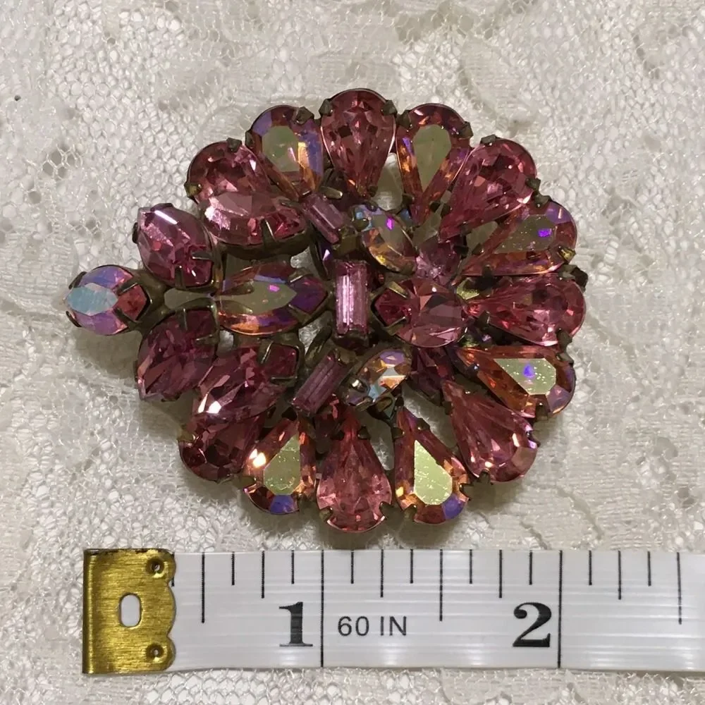 Vintage Pink Rhinestone Brooch Aurora Borealis Stones